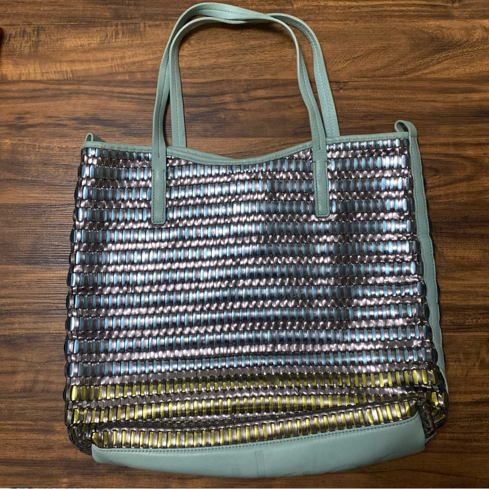 Botkier Wanderlust Metallic Tote in Blue Silver Patent and Pebbled Leather